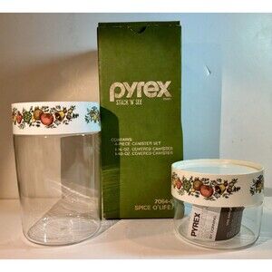 Vtg. NOS PYREX STACK N SEE, SPICE O LIFE CANISTER SET, MODEL 7064-8 Original Box